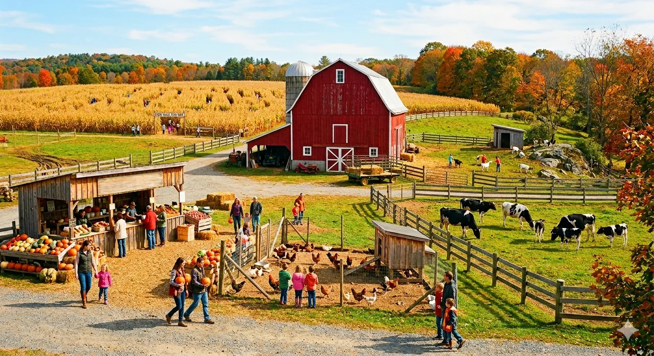 A vibrant working farm with a red barn, corn maze, and families exploring the grounds