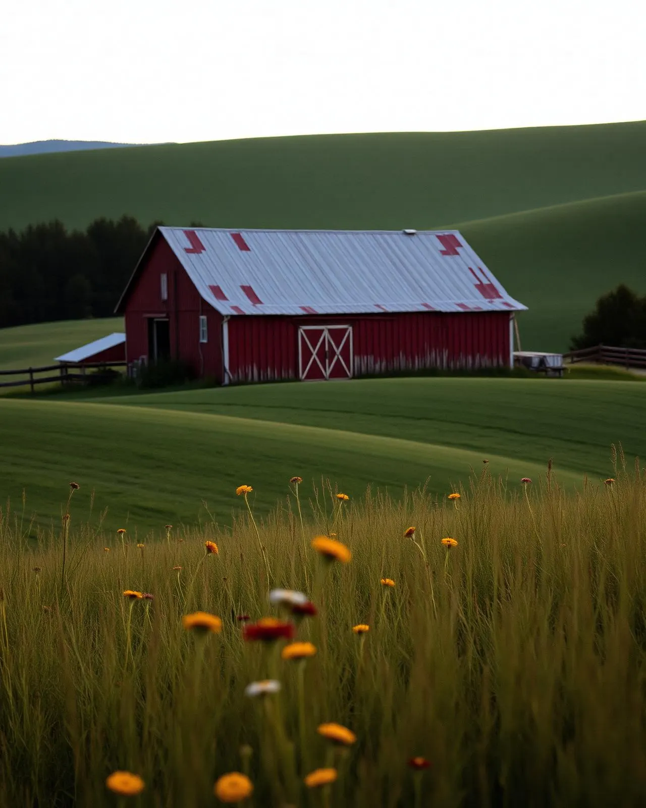 A weathered red barn at golden hour with rolling hills and wildflowers
